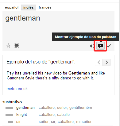 Ejemplo de palabras relacionadas en google translate