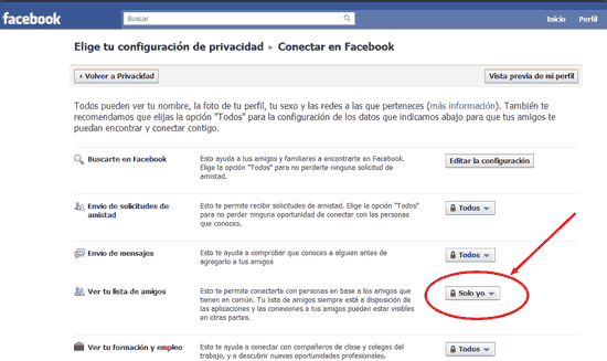 Facebook ocultar lista de amigos antiguo