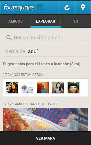 Ejemplo de la pestaña Explorar en Foursquare