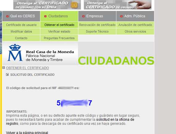 Número de obtención del certificado digital