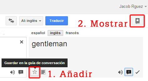 Guia de conversación en Google Translate, anadir y mostrar listado de palabras